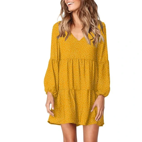 knee length dresses for ladies Yellow Swing V Neck Vintage Dress with Short Sleeves Yellow / XL